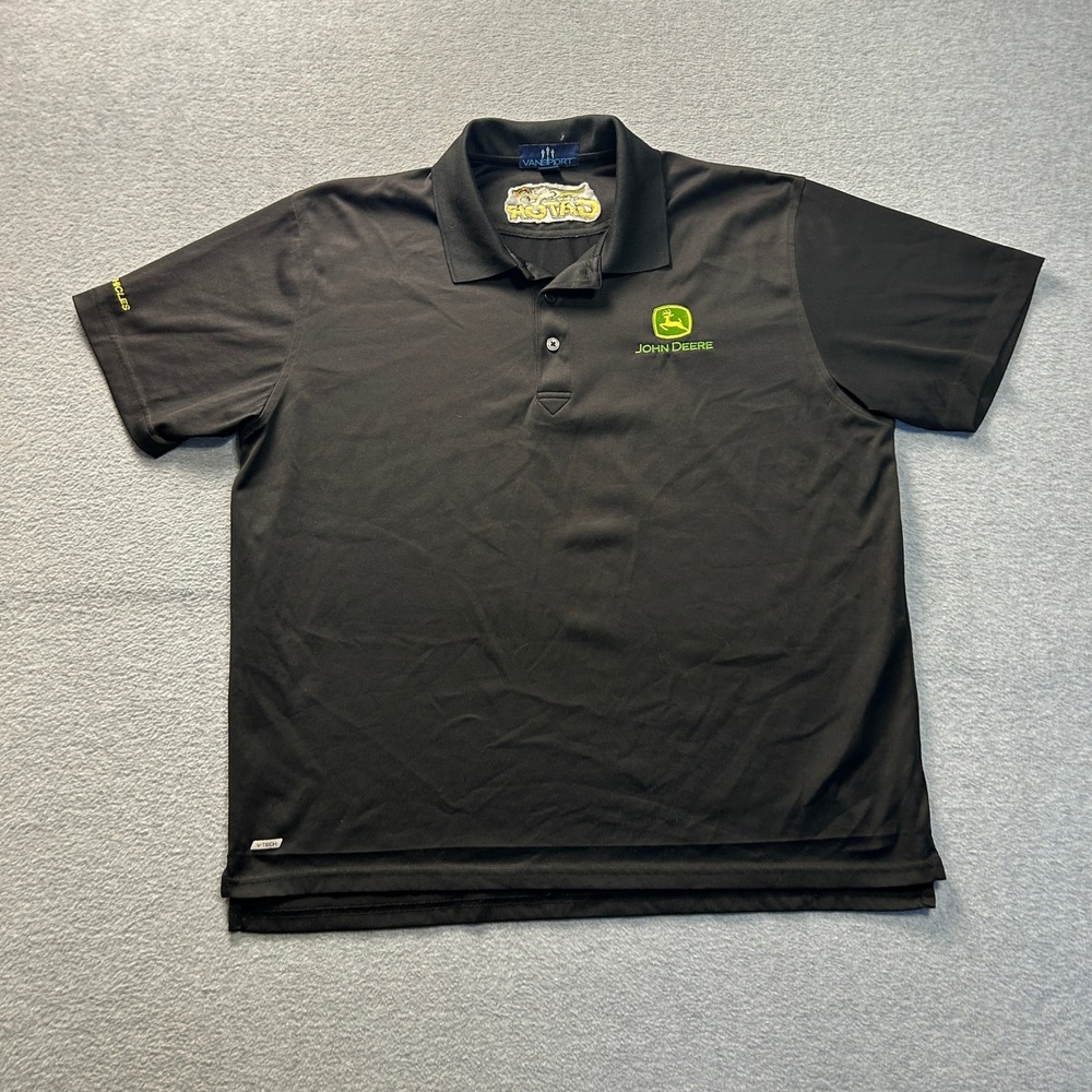 Vansport John Deere Polo Golf Shirt Mens Large Black Performance Fabric Logo